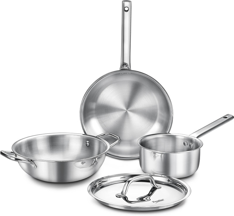 Prestige TriPly 3 pcs BYK-Fry Pan 24cm/1.7L+Kadai 24cm/2.7L SS Lid, Sauce Pan 16cm/1.5L Induction Bottom Cookware Set(Triply, 3 - Piece)