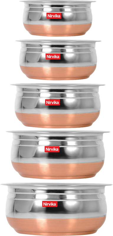 Nirvika 5 pcs Stainless steel copper bottom handi Urli with lid Tope Cookware Set Handi 0.4 L, 0.65 L, 0.85 L, 1.2 L, 1.65 L with Lid(Stainless Steel)