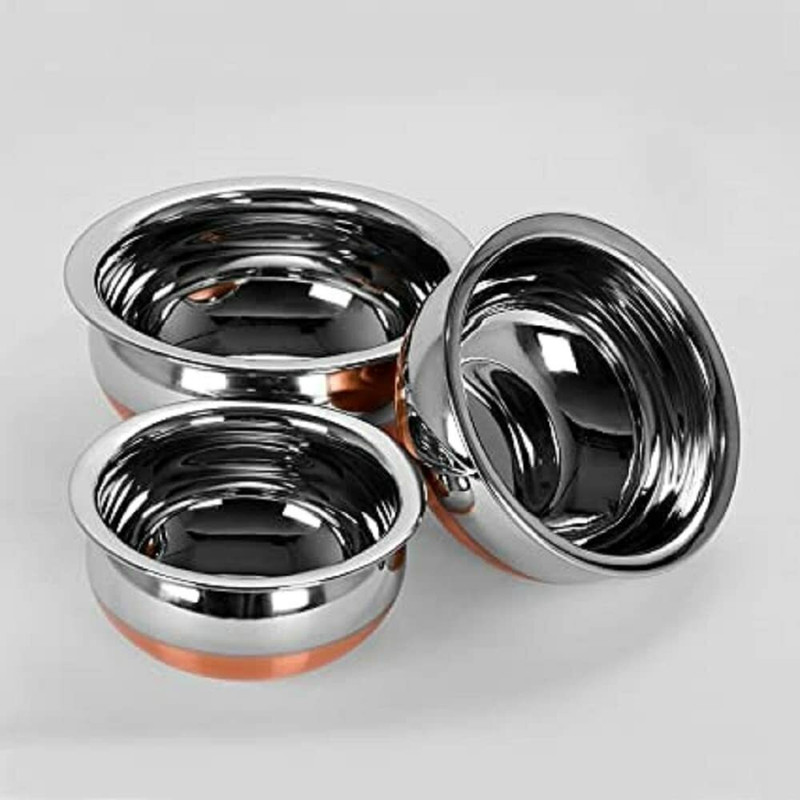 AVADHARA Stainless Steel Copper Bottom Handi with lid - Kitchen Serving & Cookware, Cooking Bowl | Handi Set 3-Pieces | Biryani Handi Set with Handle Induction Bottom Non-Stick Coated Cookware Set(Stainless Steel, 3 - Piece)