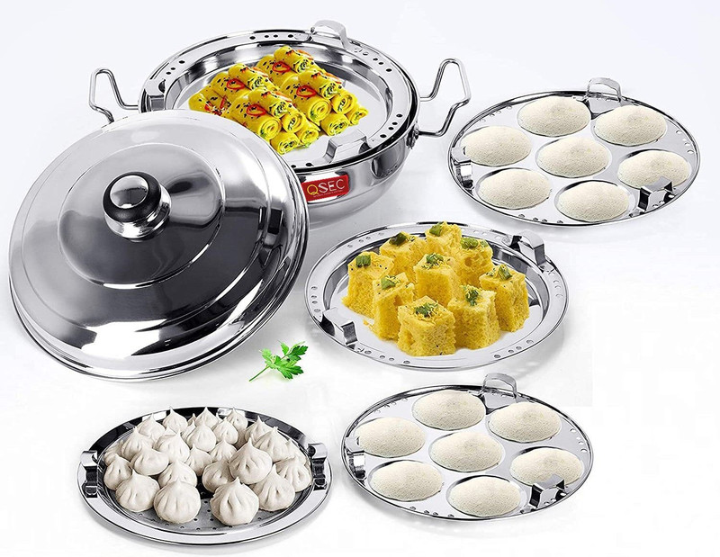QSEC Stainless Steel Idli maker sandwich Bottom 2 Idli,2 Dhokla,1 Patra-Momo's,285mm Induction Bottom Cookware Set(Stainless Steel, 7 - Piece)