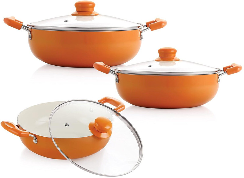 NIRLON Ceramic Coated Aluminum Kadai with Glass Lid 3pcs Set Induction Bottom Non-Stick Coated Cookware Set(Aluminium, 3 - Piece)