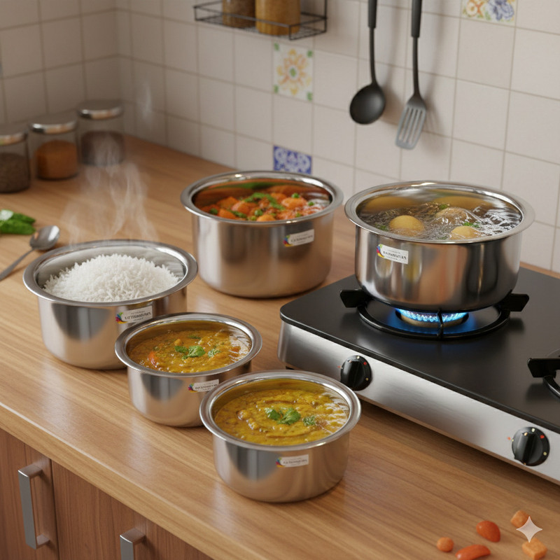 VIGSHRISE Stainless Steel Food Serving Bowls Set | Multipurpose Kitchen Storage Containers Induction Bottom Cookware Set(Stainless Steel, 5 - Piece)