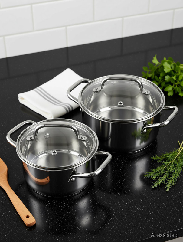 VINOD Vinod Mainz Stainless Steel Casserole Cookware Pot with Glass Lid Induction Bottom Non-Stick Coated Cookware Set(Stainless Steel, 2 - Piece)