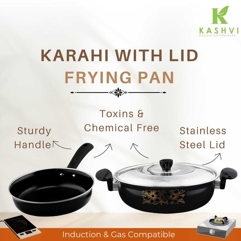 HouseOfCommon 3 Pcs Combo Kadhai with Lid & Frypan Non-Stick Coated Cookware Set(Cast Iron, 2 - Piece)