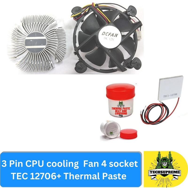 TechSupreme 3 Pin CPU cooling Fan 4 socket TEC 12706 Thermal Paste Cooling Fan All in one Cooler(Black)