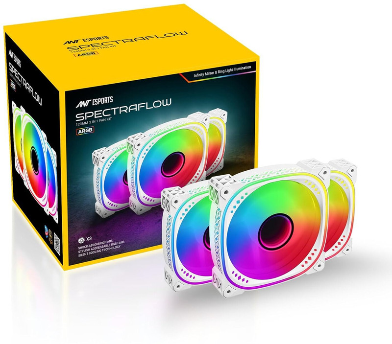 Ant Esports SPECTRAFLOW 120mm 3 IN 1 ARGB Fan Kit 1800 RPM Cooling Fan Cabinet Cooler(White)