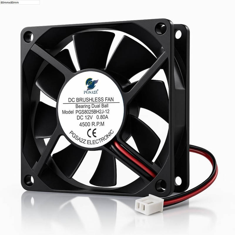 PGSA2Z 80mm x 80mm x 25mm DC Brushless Cooling Fan 12V 0.80A Dual Ball Bearing Cooling Fan Cabinet Cooler(Black, 4500RPM Silent High-Speed Cooling Fan for CPU, Router)