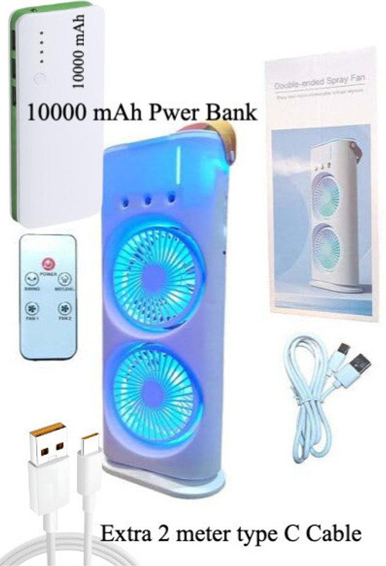 VARINCE ENTERPRISES Combo One Double Air Cooler Fan + 10000 mAh Power Bank + 2 Meter Type C Cable Cooling Fan All in one Cooler(Multicolor, Rechargeable, Inbuilt Battery Mist Air Cooler Fan)