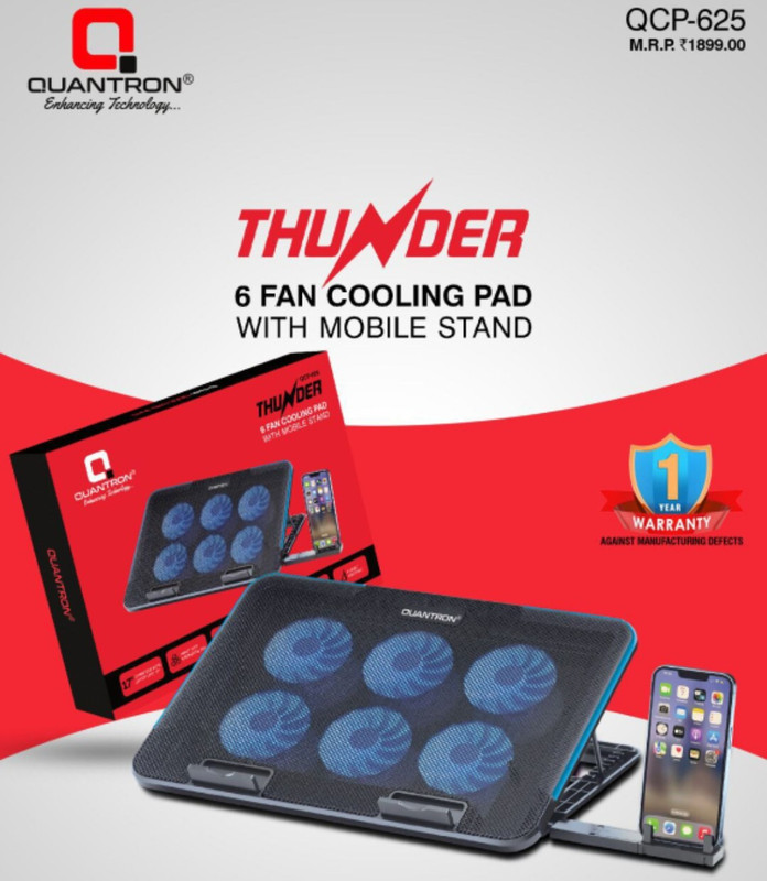 Quantron QPC-625, THUNDER 6 FAN COOLING PAD WITH MOBILE STAND 6 Fan Ergonomic Cooling Pad with Adjustable Height(Black)