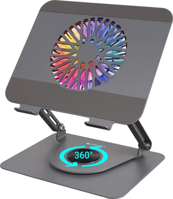 ZEBRONICS NS4000 PRO Rotatable Metal Stand, upto 17 inch, 360� Fidget Rotation 1 Fan Ergonomic Cooling Pad with Adjustable Height(Grey)