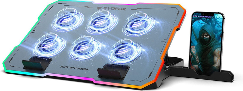 EVOFOX Typhoon 2 with RGB Lights, Dual USB Port, Metallic Top, 15 inches & 6 Fan Ergonomic Cooling Pad with Adjustable Height(Blue)