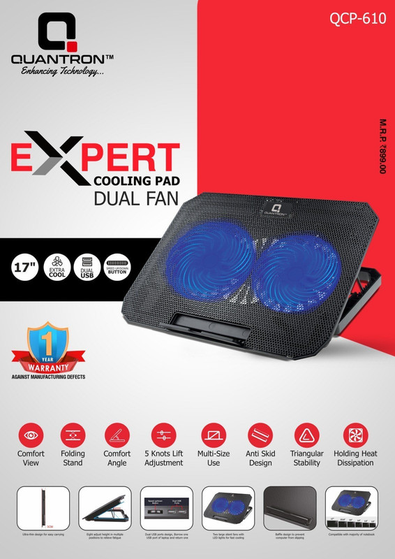 Quantron QCP -610, EXPERT COOLING PAD DUAL FAN. Ergonomic Cooling Pad(Black)
