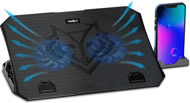 Frontech Laptop Cooling Pad | 2x125mm LED Fans | Built-in Mobile Stand | 2 Fan Ergonomic Cooling Pad with Adjustable Height(Black)