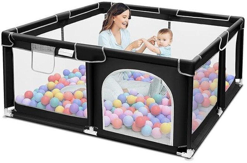 KARTAHARTA Baby Playpen with Ball – Portable Play Yard with Breathable Mesh Panels (black)(Black)