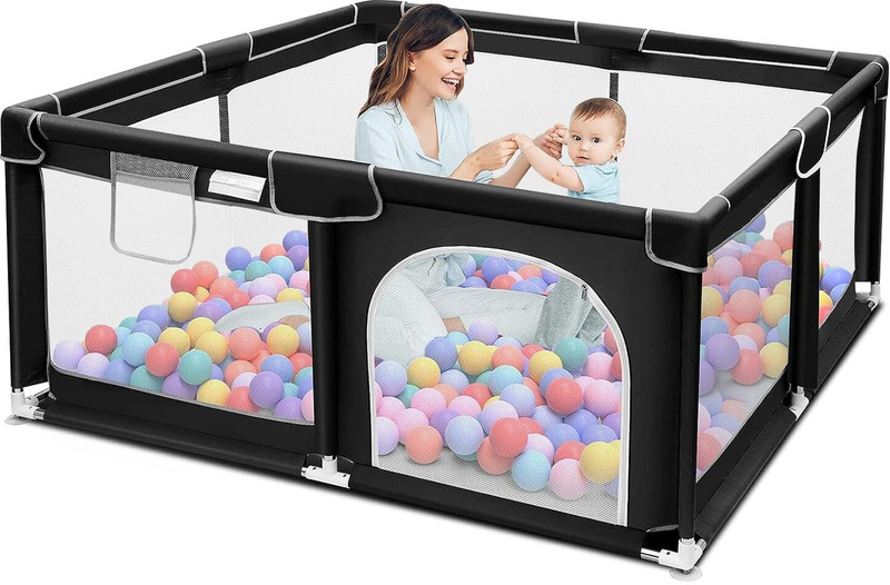 VALAJOGI Extra Large Baby Playpen with Mesh Safety Panels for Indoor Toddlers(Black)