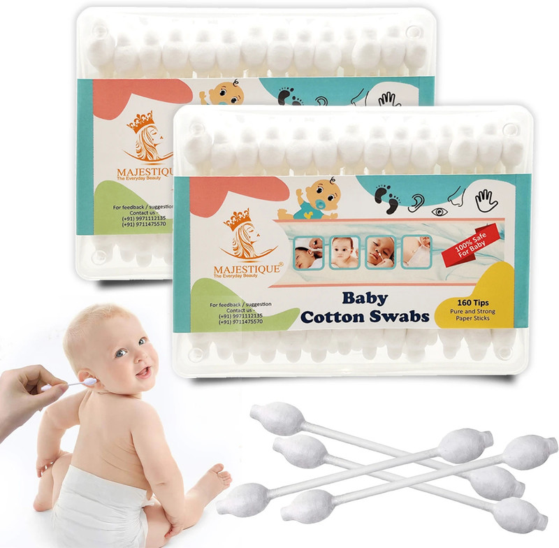 MAJESTIQUE Baby Safety Cotton Swab-100% Paper Organic Soft & Gentle Tip -Pack of 2(80 Units)