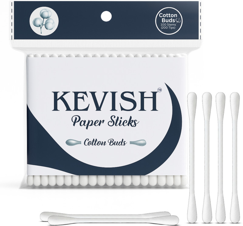 KevIsh Cotton Buds with Paper Sticks – 100 Stems (200 Tips), Eco-Friendly & Safe(100 Units)