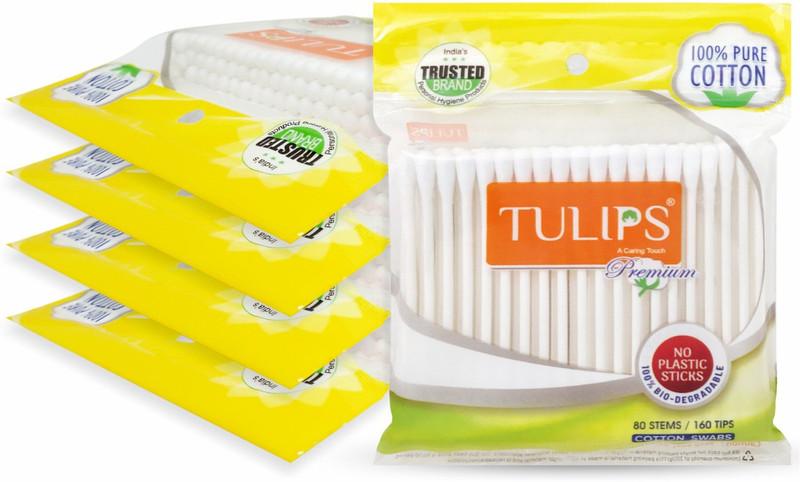 Tulips Premium Cotton Ear Buds/Swabs (Pack of 5) with white PAPER Sticks 80/160 Tips(5 Units)