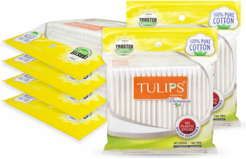 Tulips Premium Cotton Ear Buds/Swabs (Pack of 6) with white PAPER Sticks, 80/160 Tips(6 Units)