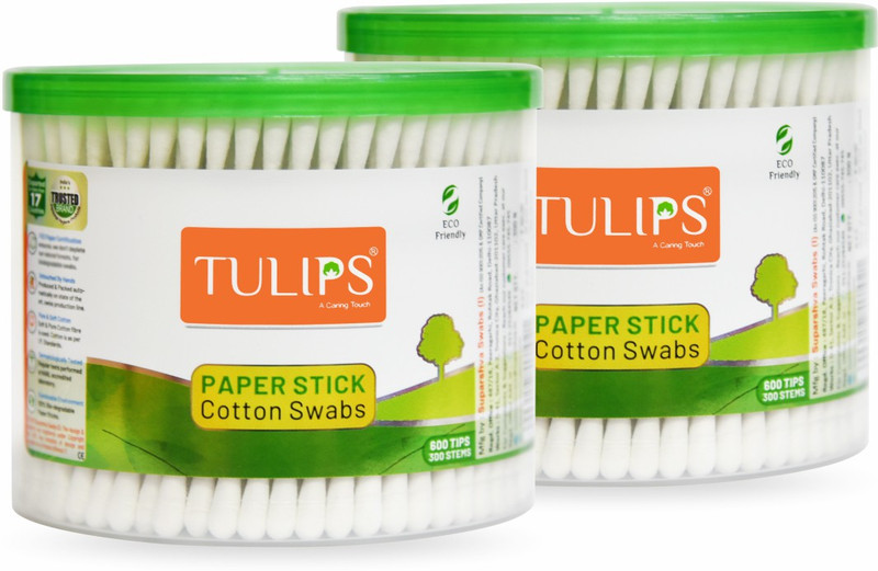 Tulips Cotton Ear Buds {Pack of 5} with White PAPER Stick 100 Sticks in a Jar(5 Units)
