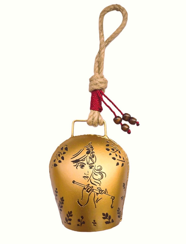 MIRAMAYEE Handcrafted Krishna Bell for Home Temple Decor Golden Cow Bell Wall Hanging Mountable Cowbell(Iron)