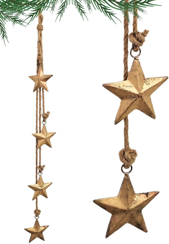 carfar Rustic Gold Star Garland with Rope & Cow Bell Cluster Farmhous Garden Decor Mountable Cowbell(Iron)