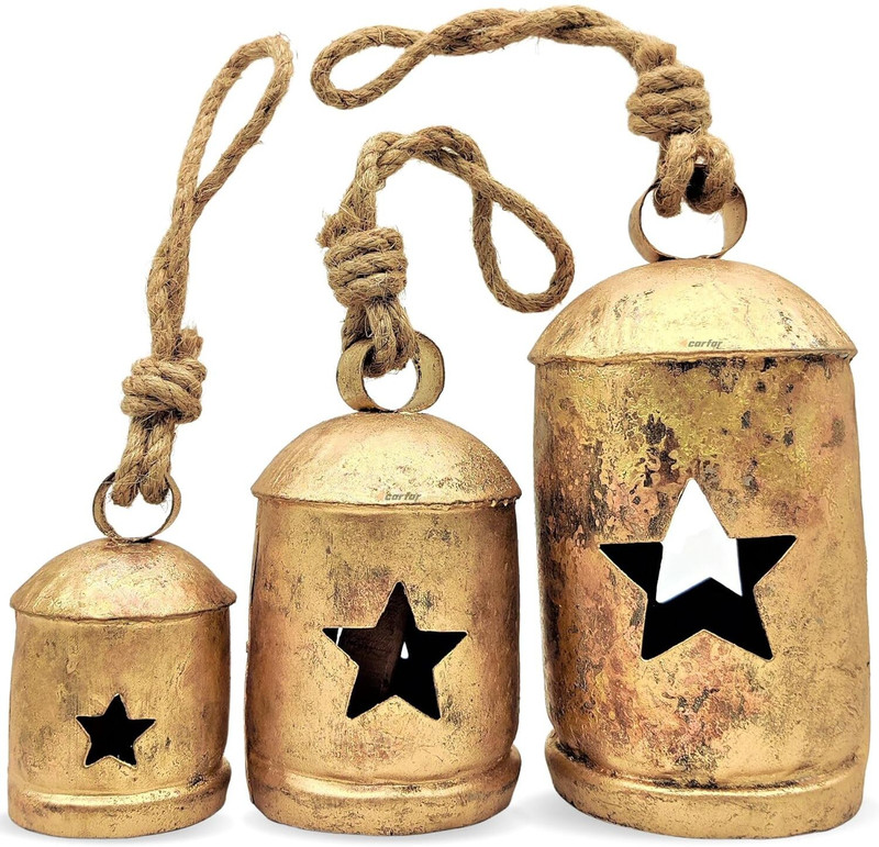 carfar Set of 3 Rustic Gold Metal Bells with Star Cutouts Mountable Cowbell(Iron, Jute)