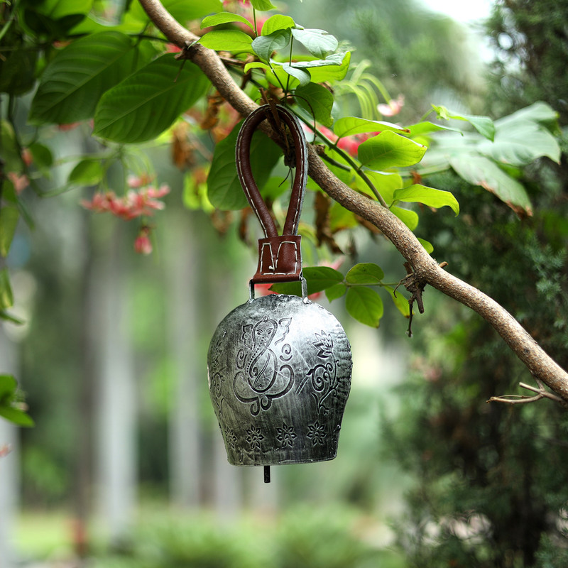 DULI CowBell Hanging Silver Ganeshji Design Bell with Leather Loop for Home Decor Handheld Cowbell(Iron)