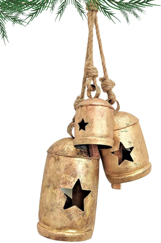 carfar Star-Cut 3-Bell Cluster in Rustic Gold Handcrafted Hanging Bells Mountable Cowbell(Iron, Jute)