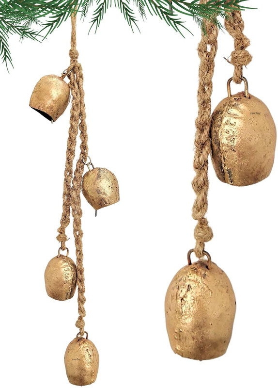 carfar Set of 4 Handcrafted 2.5 Inch Small Round Cow Bell Clusters on Jute Rope Mountable Cowbell(Iron, Jute)