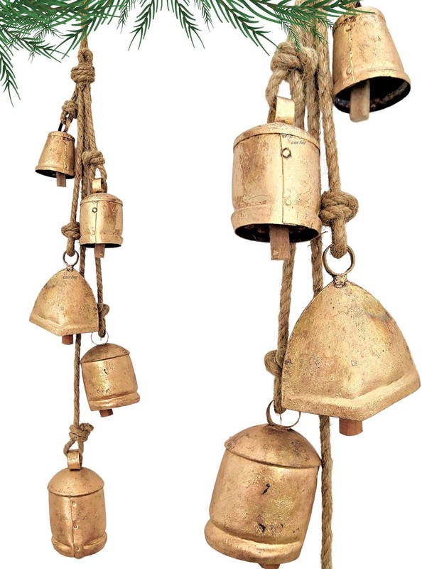 carfar Big Mix Cluster of Rustic Gold Bells with Rope – Handmade Farmhouse Mountable Cowbell(Iron, Jute)