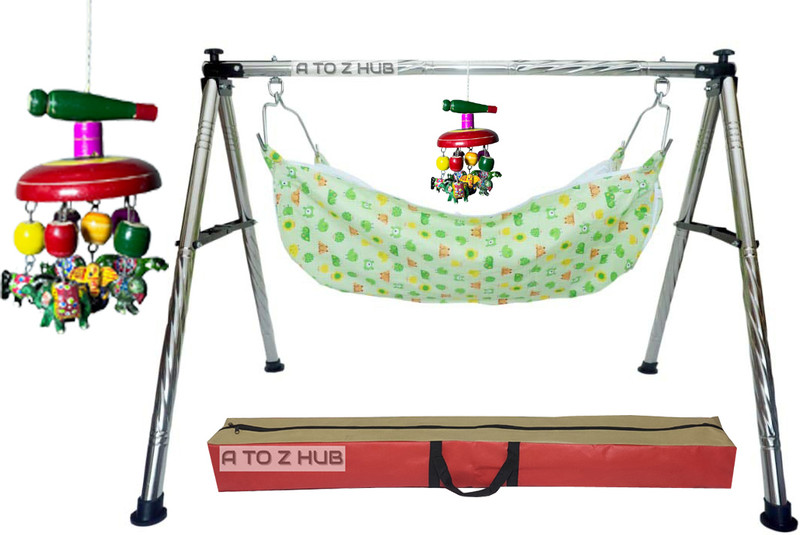 A to Z Hub Baby Cradle/ghodiyu/jhula With Wooden Hanging toy/rattle and cotton hammock(Black)