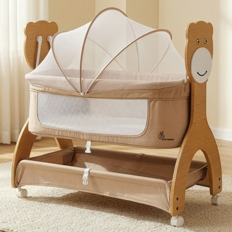 R for Rabbit Lullabies Woodsy Manual Wooden Baby Cradle & Bassinet with Lockable Wheels(Beige)