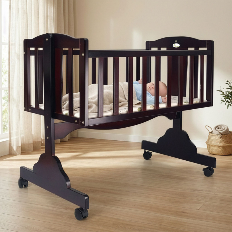 R for Rabbit Dream Time Wooden Cradle - Swing & Wheel Lock | Pine Wood | Scratch Resistant(Brown)