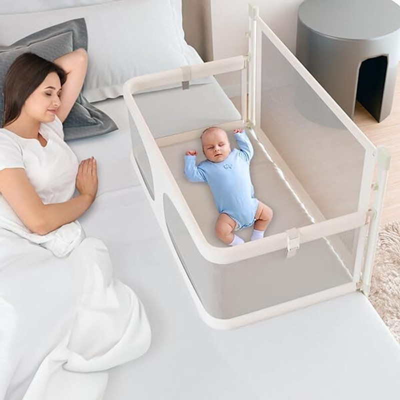 Safekido Tender Touch Bedside Crib | Adjustable Co-Sleeper Baby Bedside Crib(Silver)
