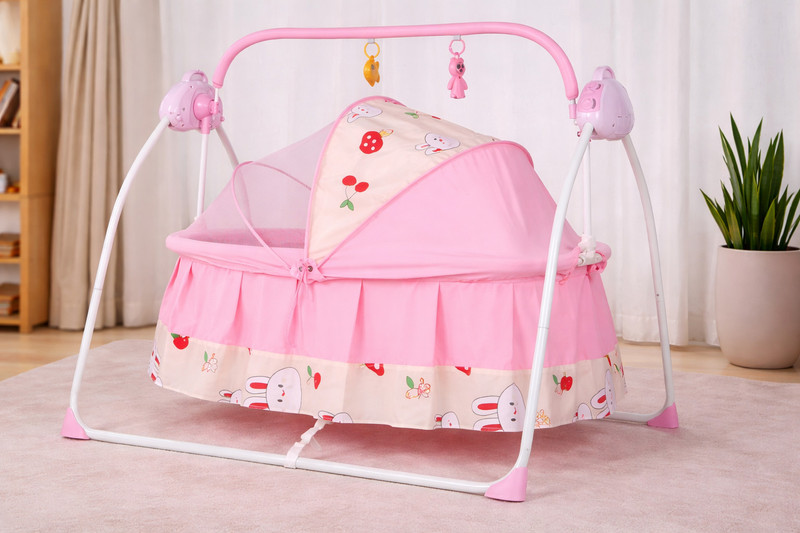 LADDOO Electric Rocking Baby Bassinet Cradle with Mosquito Net, Music, Remote & Timer(Pink)