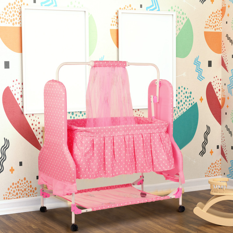 moreyaji Born Baby Cradle Swing jhula palna Bed Crib with Mosquito Net for 0-9 Months(Pink)