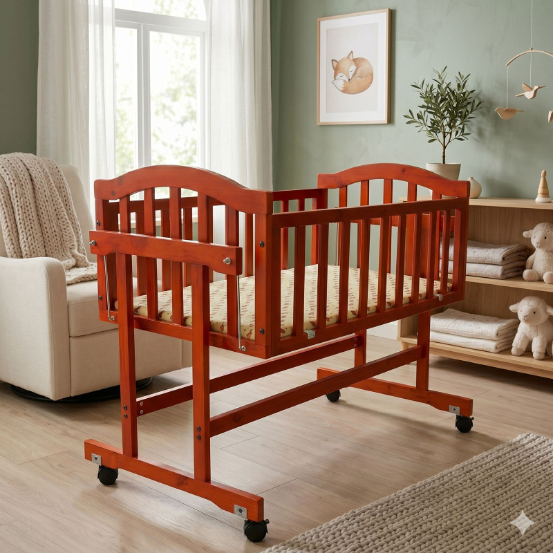 Babanza Dream Time Wooden Cradle - Swing & Wheel Lock | Pine Wood | Scratch Resistant(Brown)