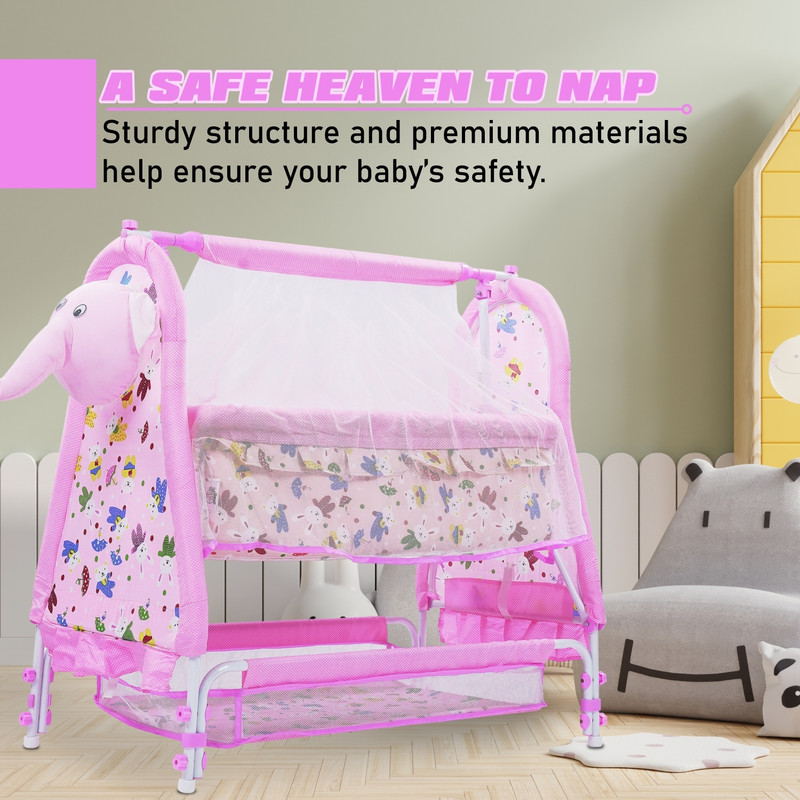 KIDBITKART Elephant Jumbo New Born Baby Swing Cradle for 0-13 Months Baby Boys and Girls(Pink, White)