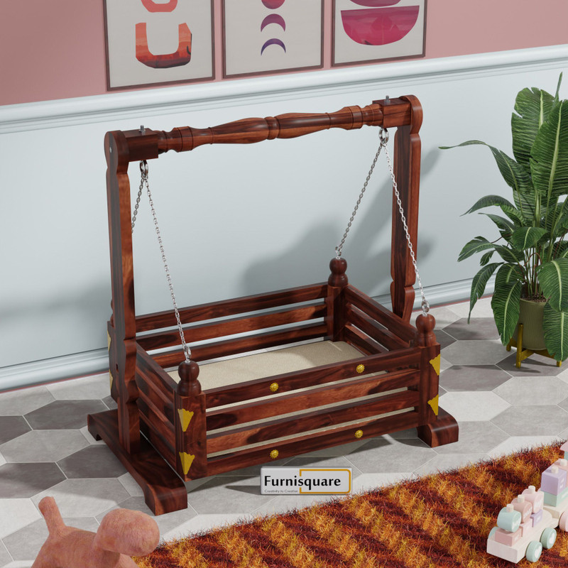 FURNISQUARE Wooden Baby Cradle with Smooth Swing | Traditional Infant Sleeping Jhula(Beige)