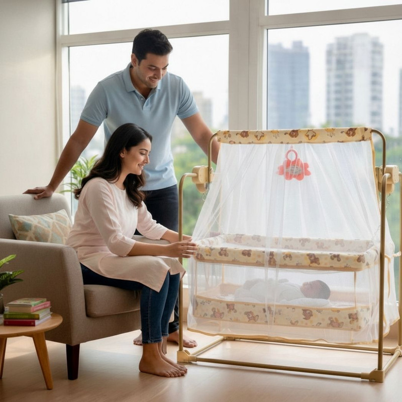 mama luv mee Premium Quality Golden Baby Cradle with Swing | Mosquito Net | Baby Palna(Gold)