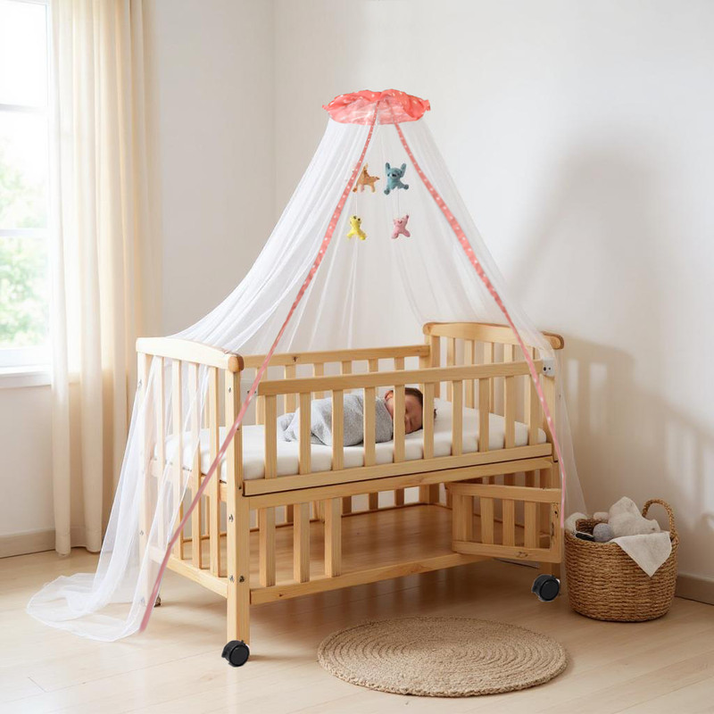 VParents Wooden Multi Usage Baby Crib Cot Cradle Bed with Mattress Mosquito Net 0-3 Year(White)