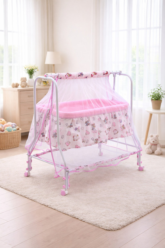 bubblebaby Premium Quality Cradle For 0-12Months Old With Wheels,Storage Basket,MosquitoNet(Red)