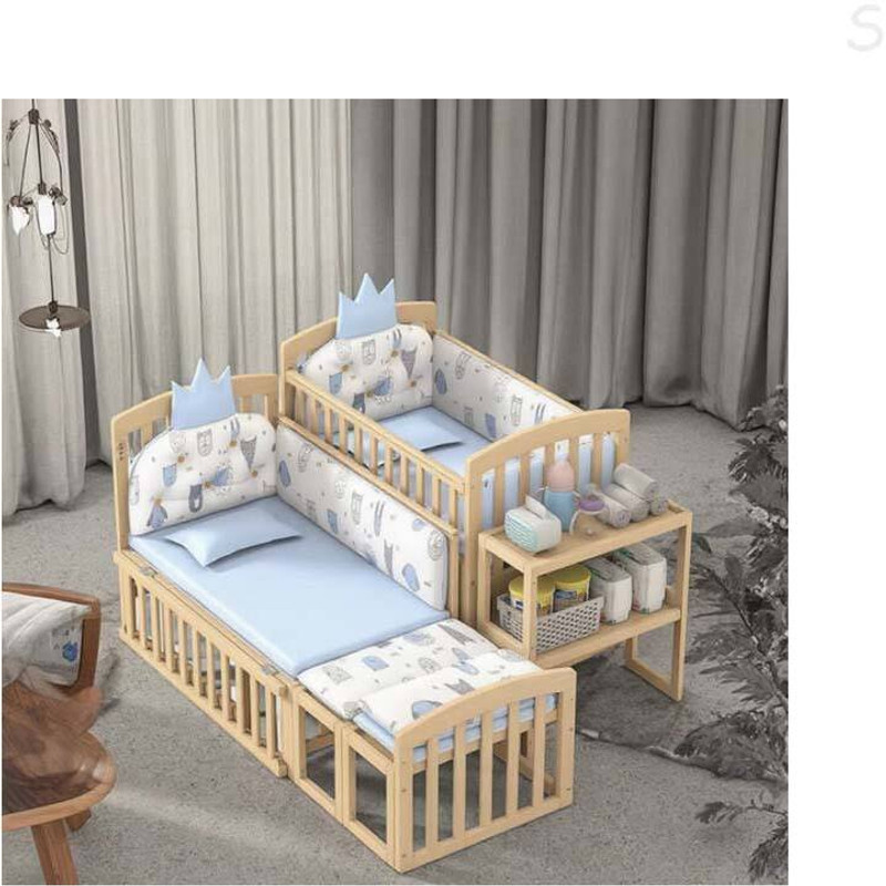 ABC 12 in 1 Pinewood Baby Bed , Crib, Cradle with Mosquito Net, Stand and Wheels(Beige)