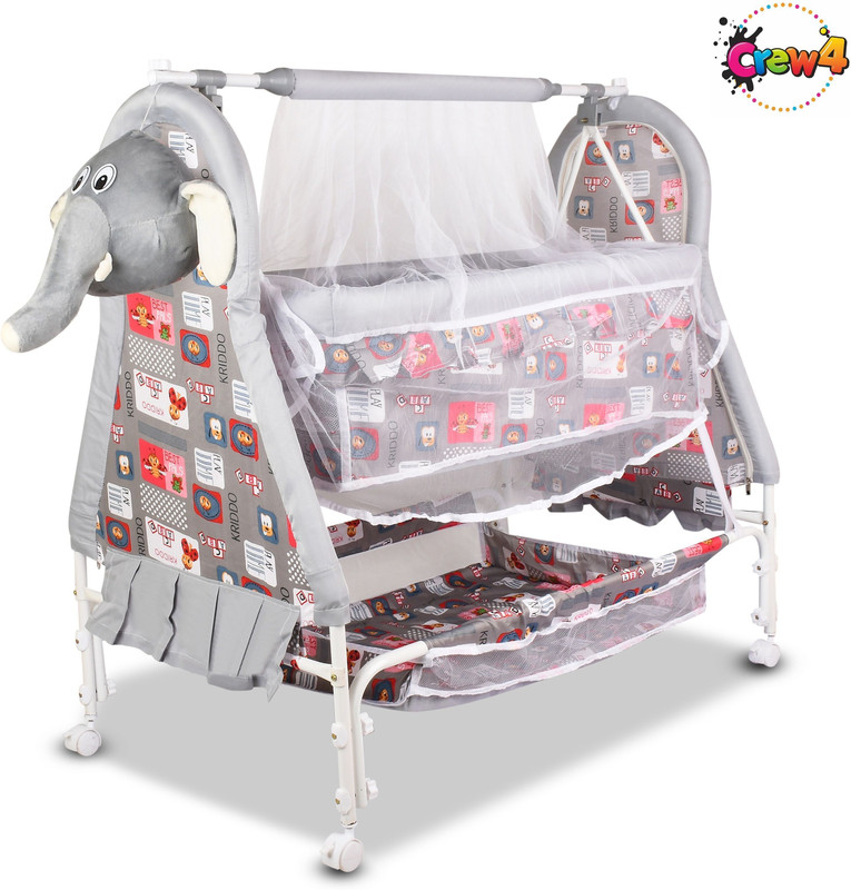 CREW4 BEST QUALITY BABY CRADLE Cute Face WITH SWING LOCK FUNCTION(Grey)