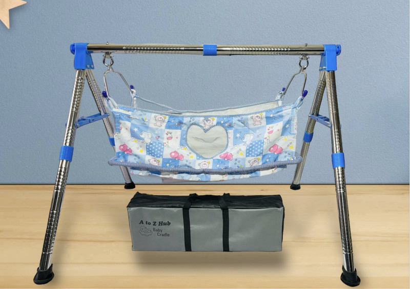 A to Z Hub Stainless Steel Baby Cradle/ghodiyu With Flat Hammock With Mosquito Net(Blue)