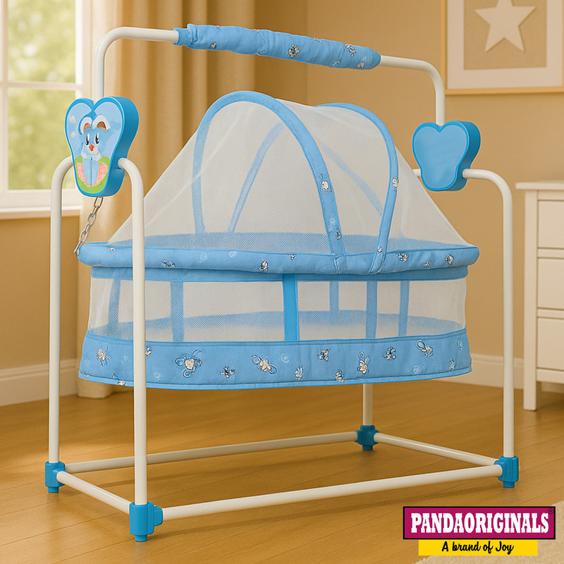 Pandaoriginals Premium Bunny Rabbit Cradle with Mosquito Net and Wheels Strong Sturdy Frame(Blue)