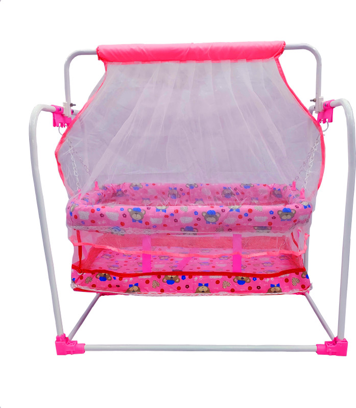 SWINGISH M/Swing Baby Cradle with Mosquito Net, Foldable Metal Frame, Printed Design(Pink)