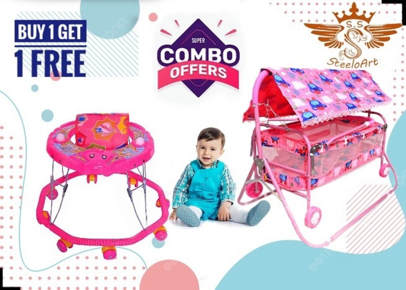 STEELOART Blue cradle +walker in one pack for our new born baby(1+1)FREE)(Pink)