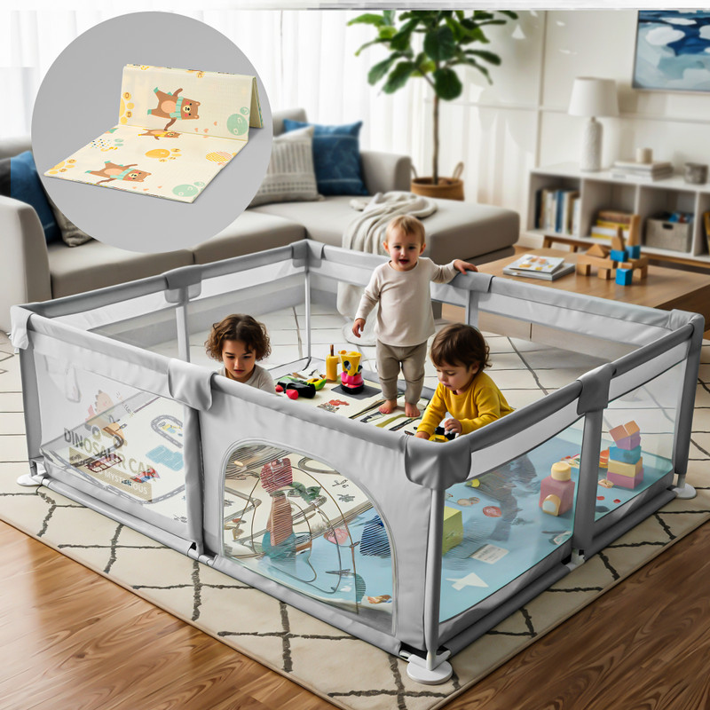 baybee Nestoria Plus Kids Playpen for Baby Playards with Play Mat,Zipper Door&Toy Pouch(Grey)